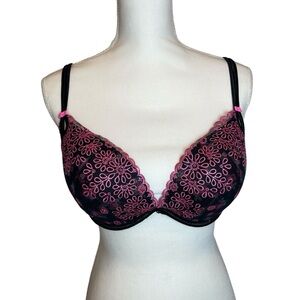 Victoria's Secret‎ Black and Pink Floral Lace Underwire Padded Bra *K0190
